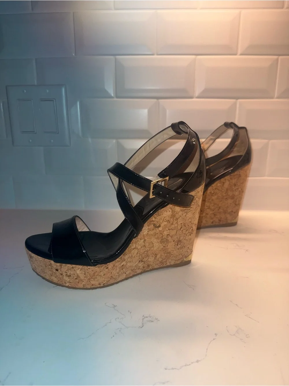 Jimmy Choo Black Patent Cork Wedge Sandals - Women